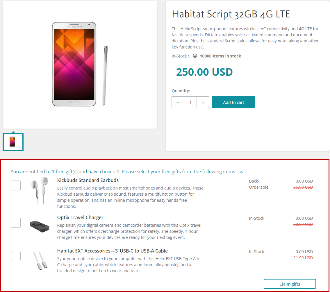 Free Gift Selection rendering on the Product Detail Page.