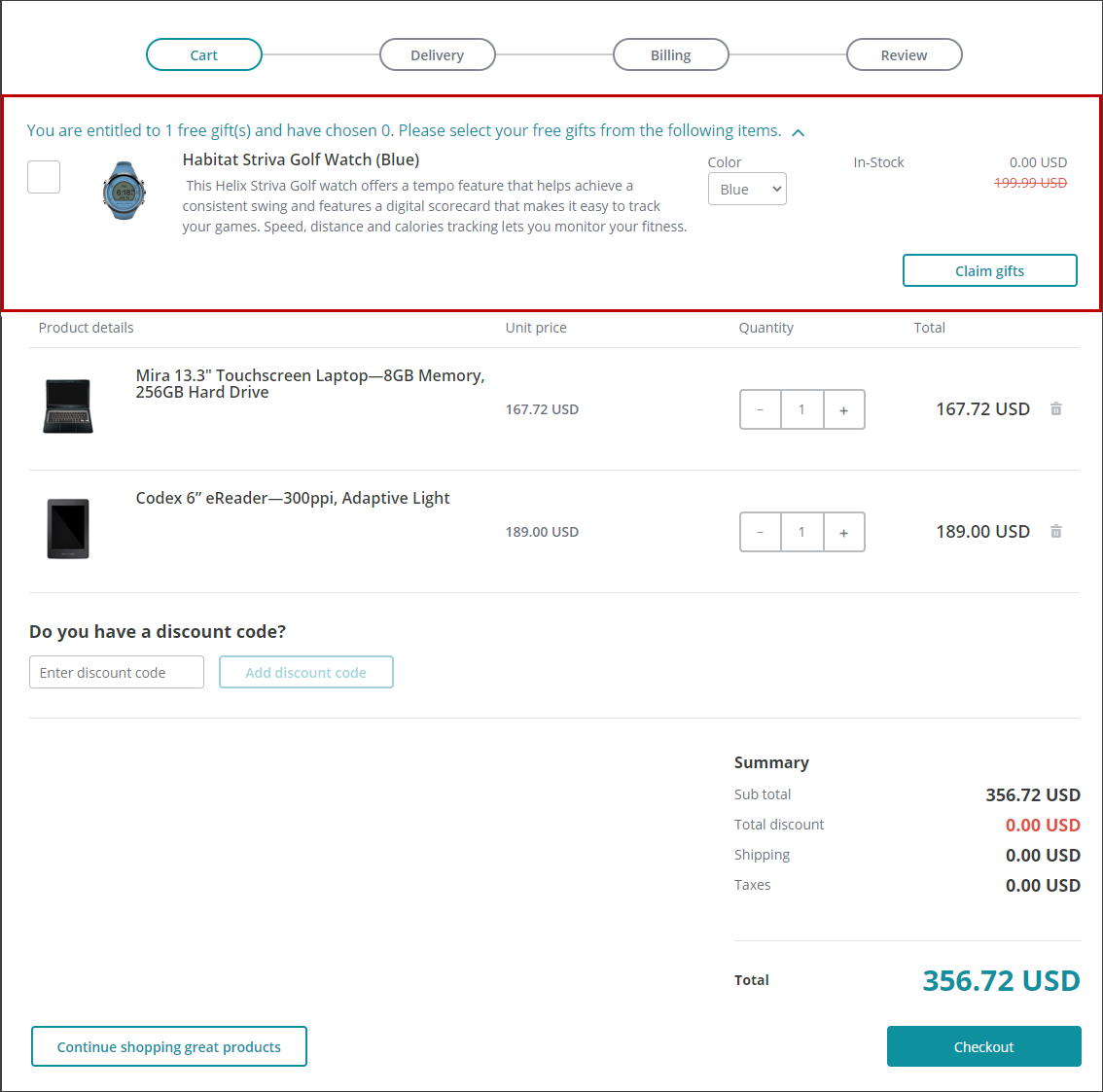 Free Gift Selection rendering displayed in the cart.