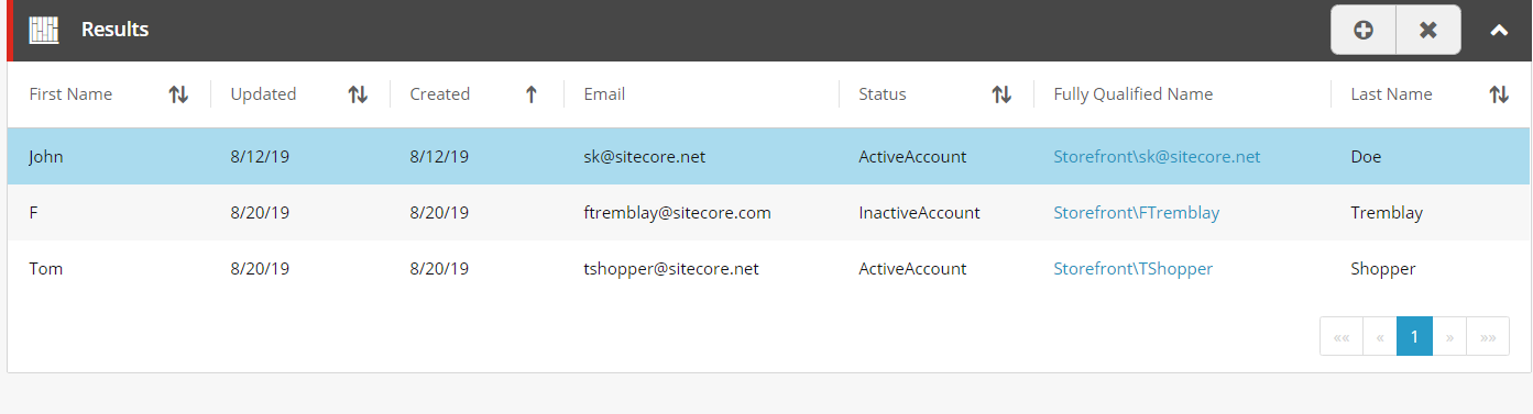 Example of customer search results with sorting options
