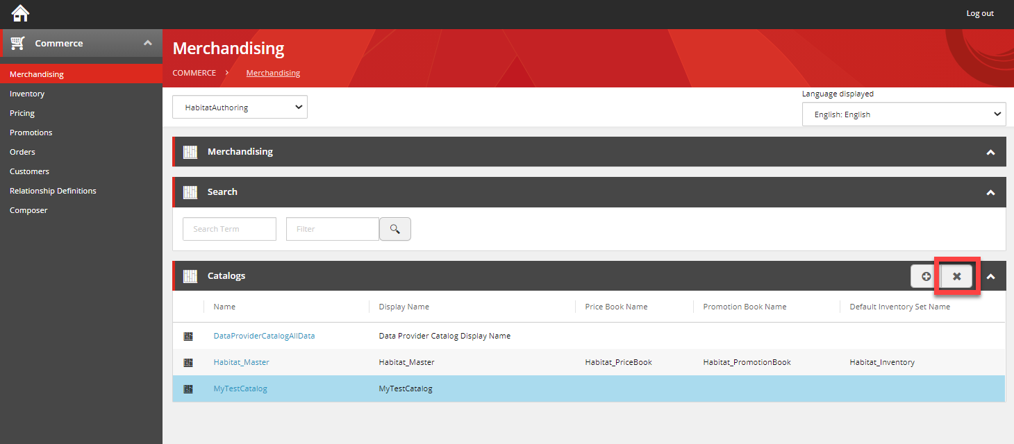The delete catalog button. The delete catalog button.