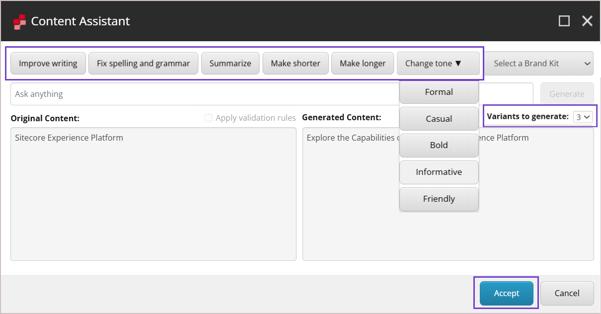 Generate up to five variants simultaneously using a predefined prompt. Generate up to five variants simultaneously using a predefined prompt.