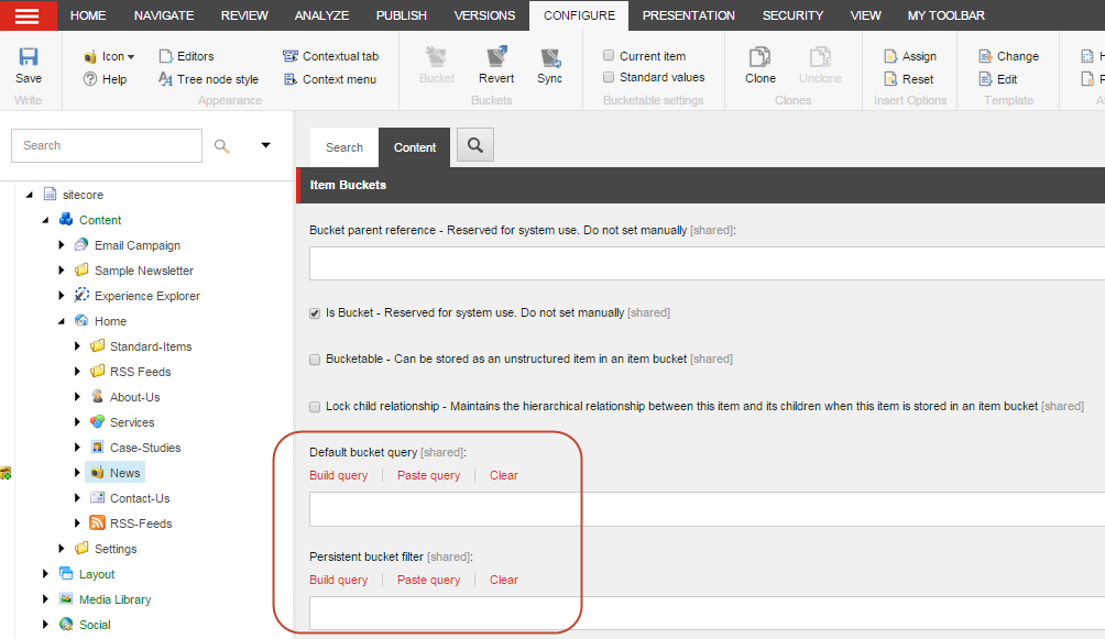 The Default Bucket Query field and the Persistent Bucket Filter field The Default Bucket Query field and the Persistent Bucket Filter field