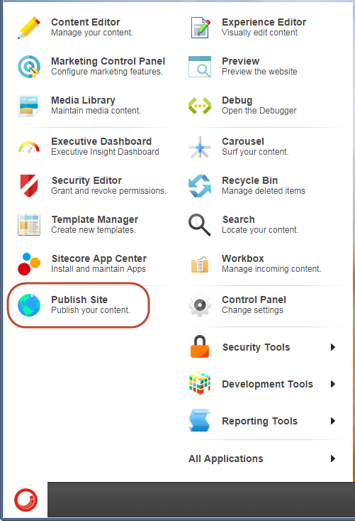 The Sitecore Desktop Start menu