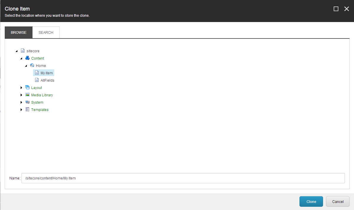 The Clone Item dialog box