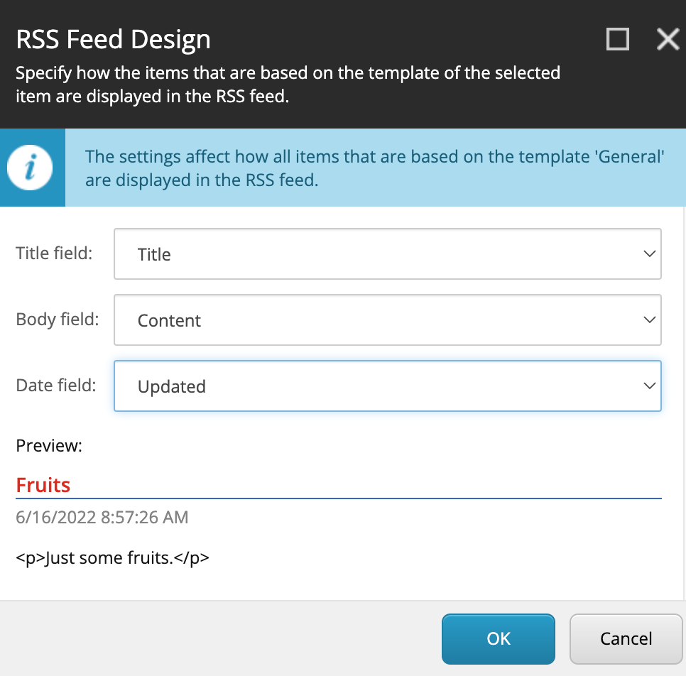 The RSS Feed Design dialog box