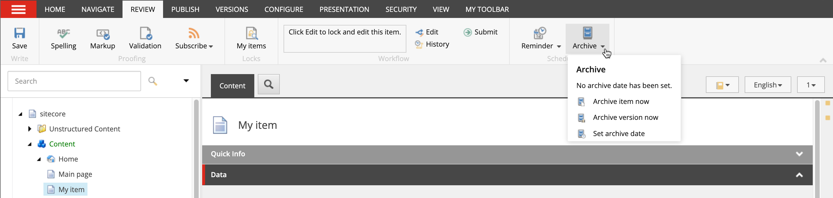 The Archive menu on the toolbar