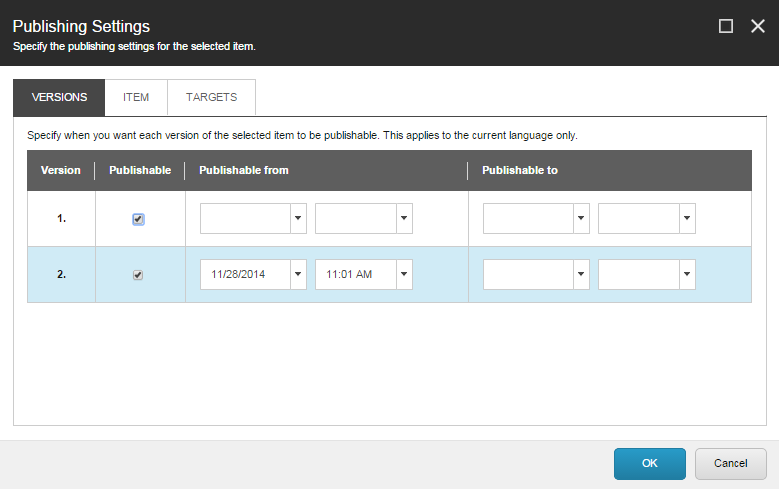 The Versions tab in the Publishing Settings dialog box