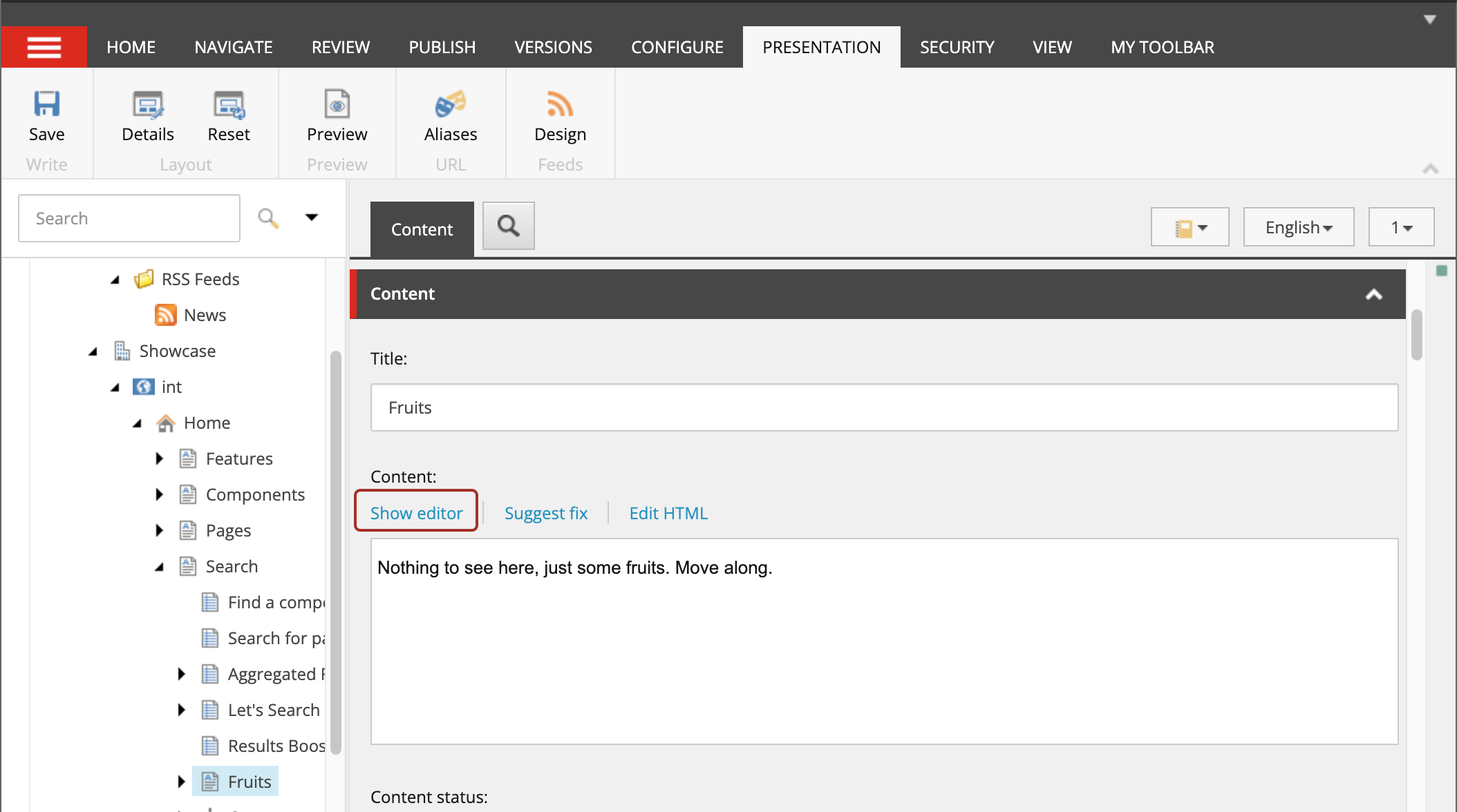 The Show editor link in the Page Title and Text section of the News item