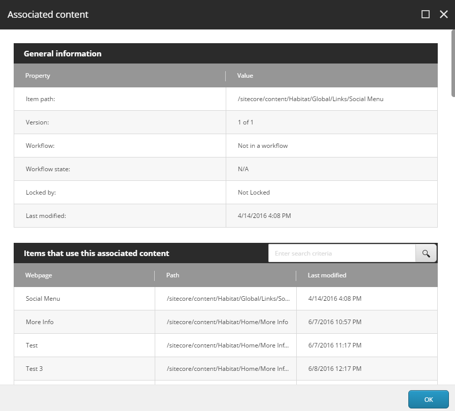 The Associated content dialog box