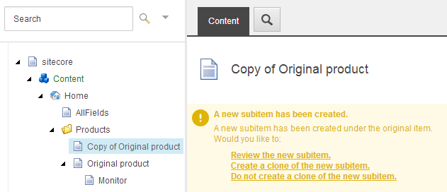 A notification on a cloned item