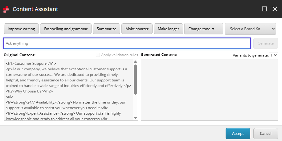 You can select the Apply validation rules option in the Content Assistant dialog.