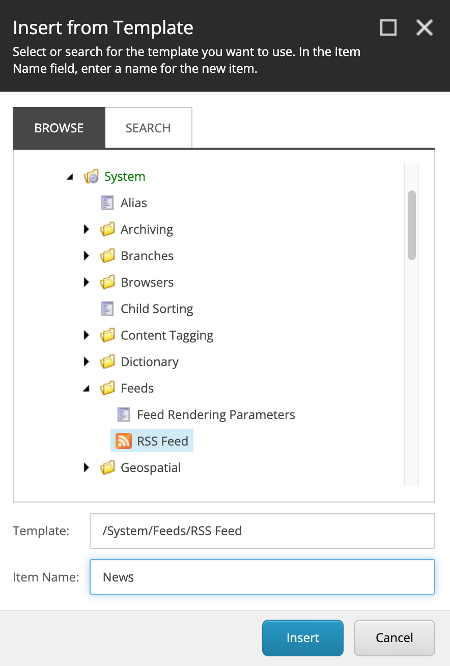 The Insert from Template dialog box with RSS feed selected