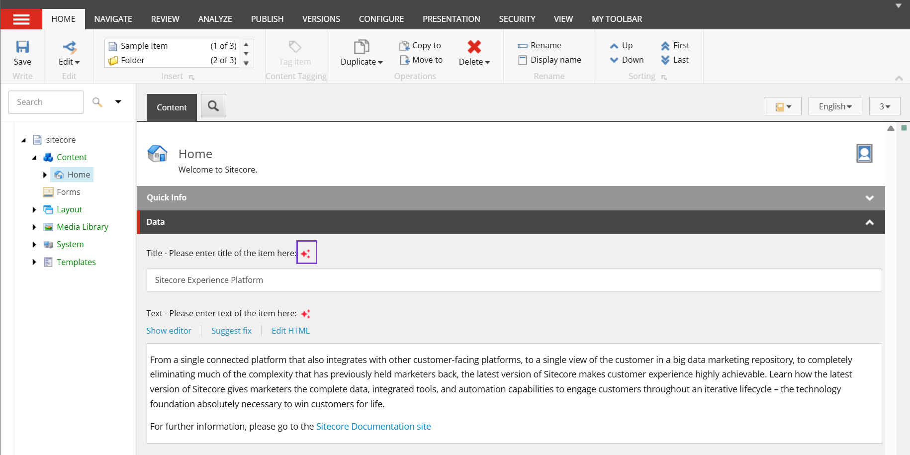 An example of a supported field in the Content Editor that displays the AI icon. An example of a supported field in the Content Editor that displays the AI icon.