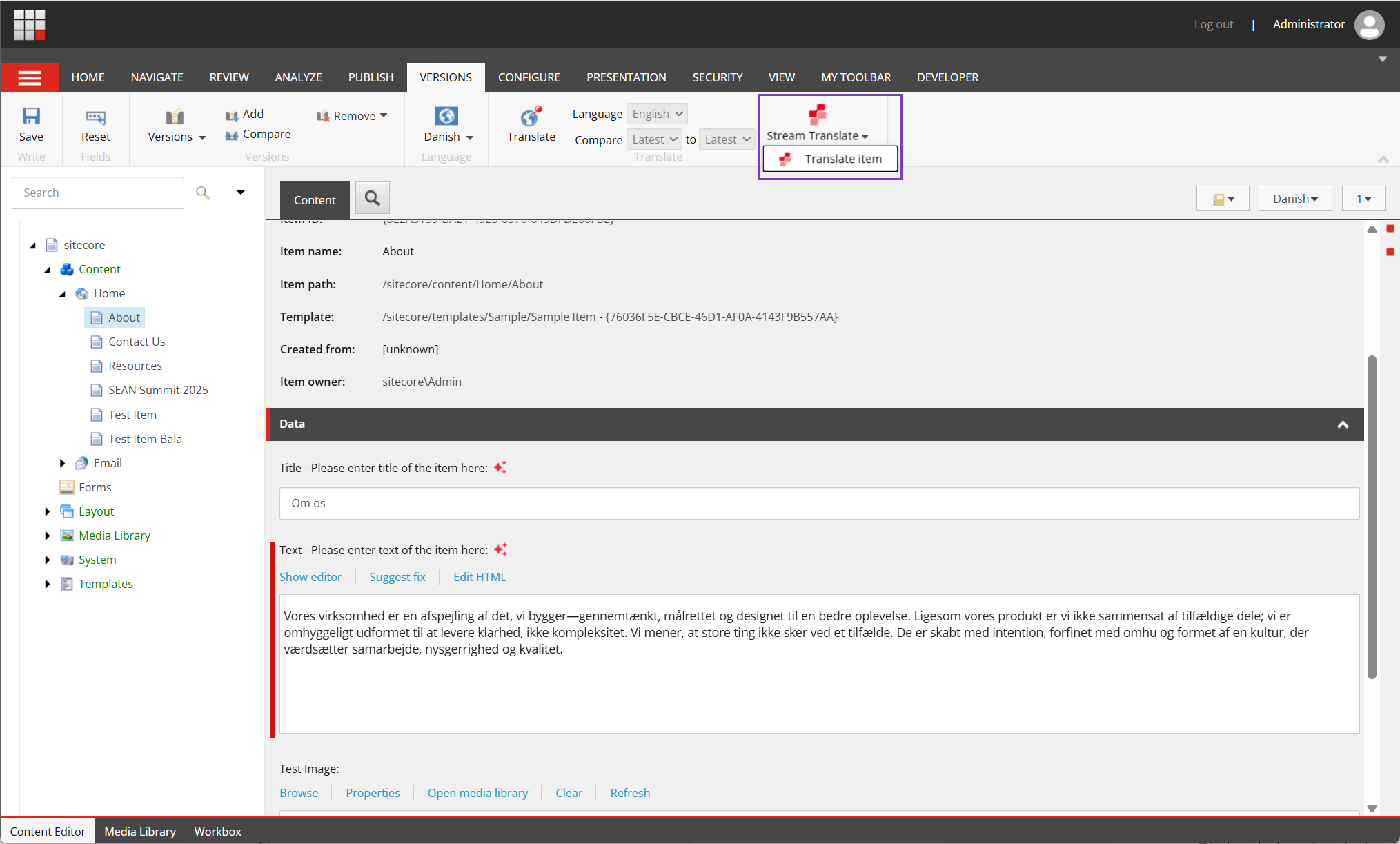 Click Stream Translate > Translate item to initiate translation of the selected language version.