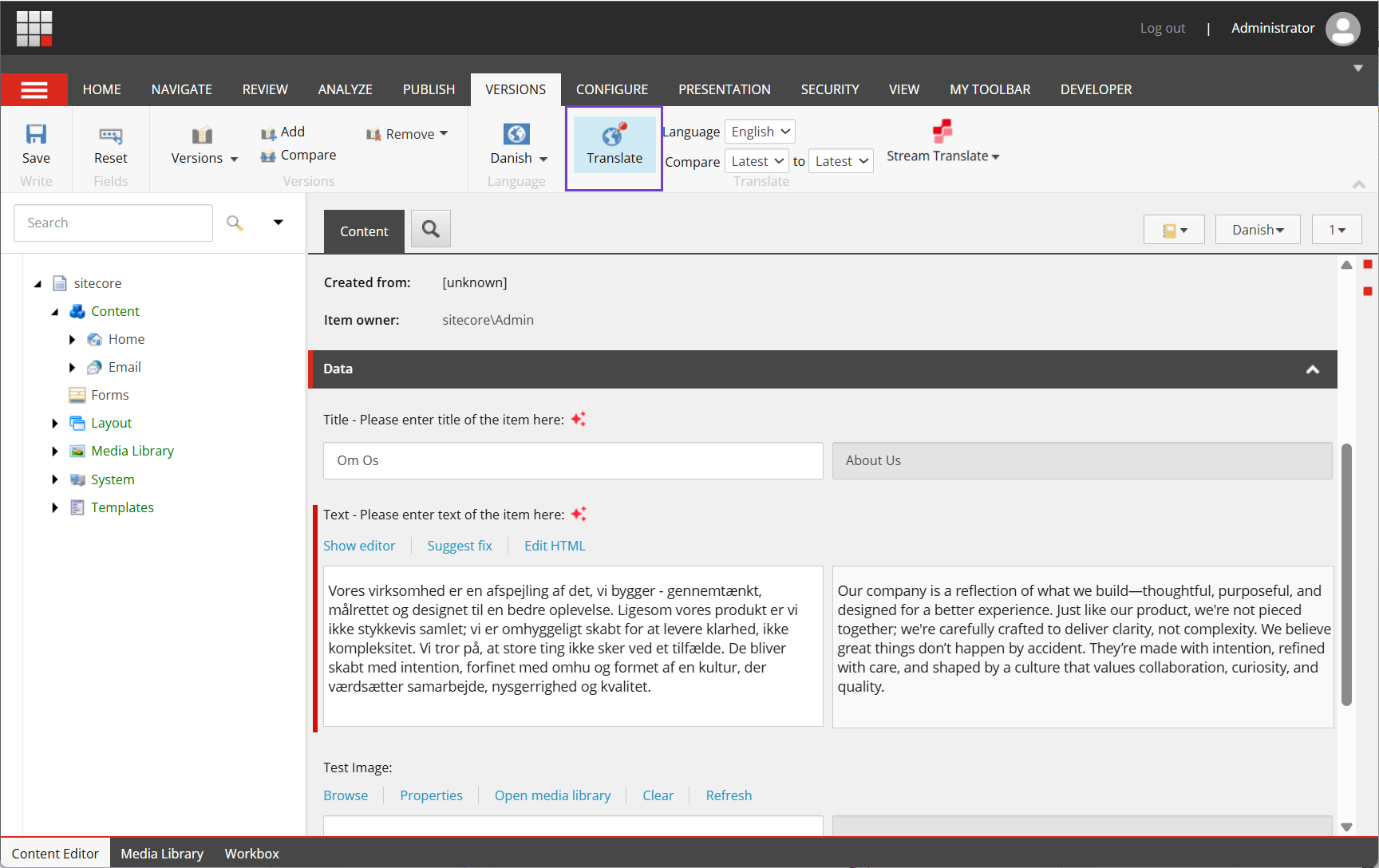 Review and compare language versions in the Content Editor by clicking Translate.