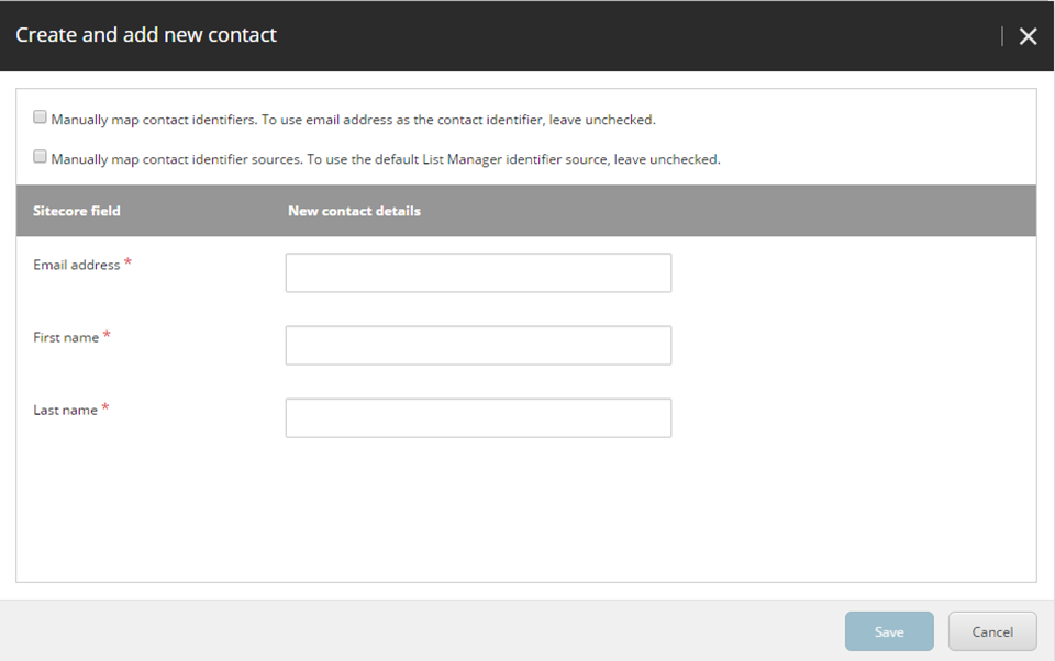 The Create and add new contact dialog box. The Create and add new contact dialog box.