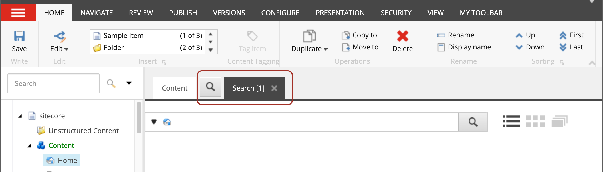 The Search tab in the Content Editor