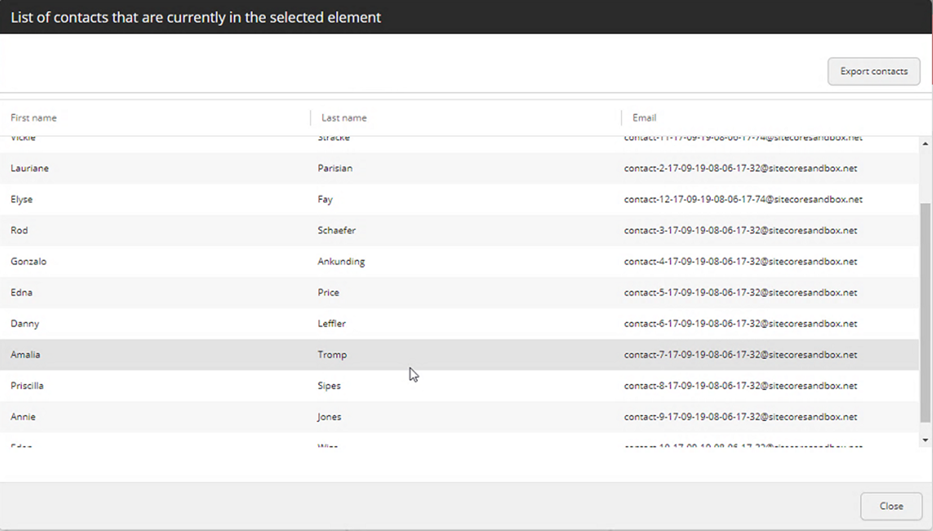 The list of contacts for the selected element