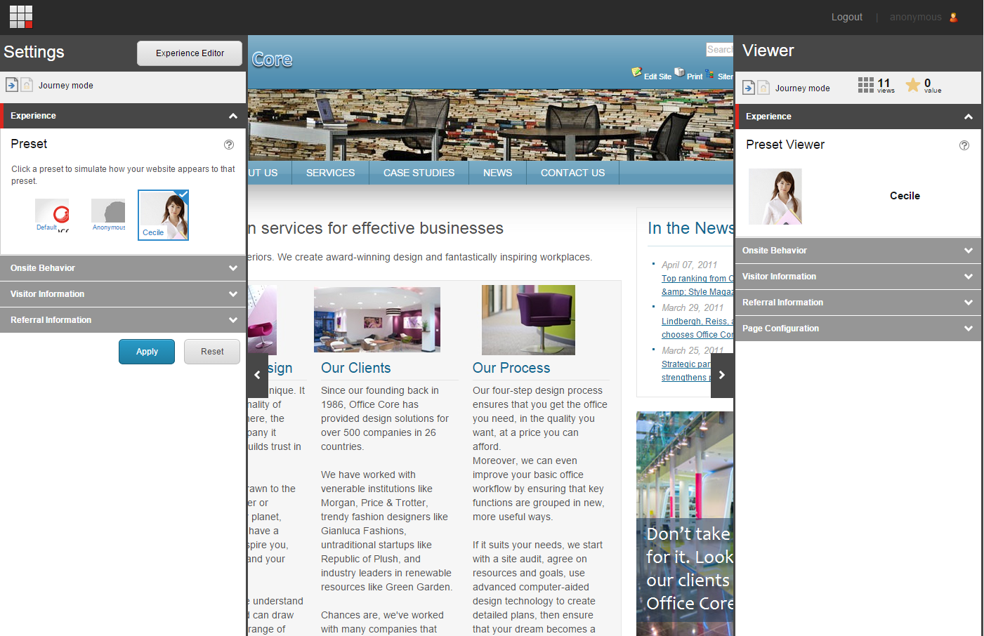 A website preview in Explore mode