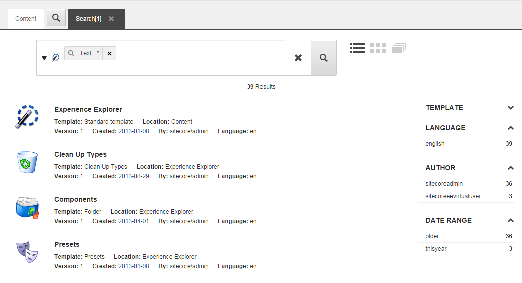 The Search tab with the available facets displayed on the right.