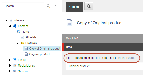 The cloned item with the original value tag on a field