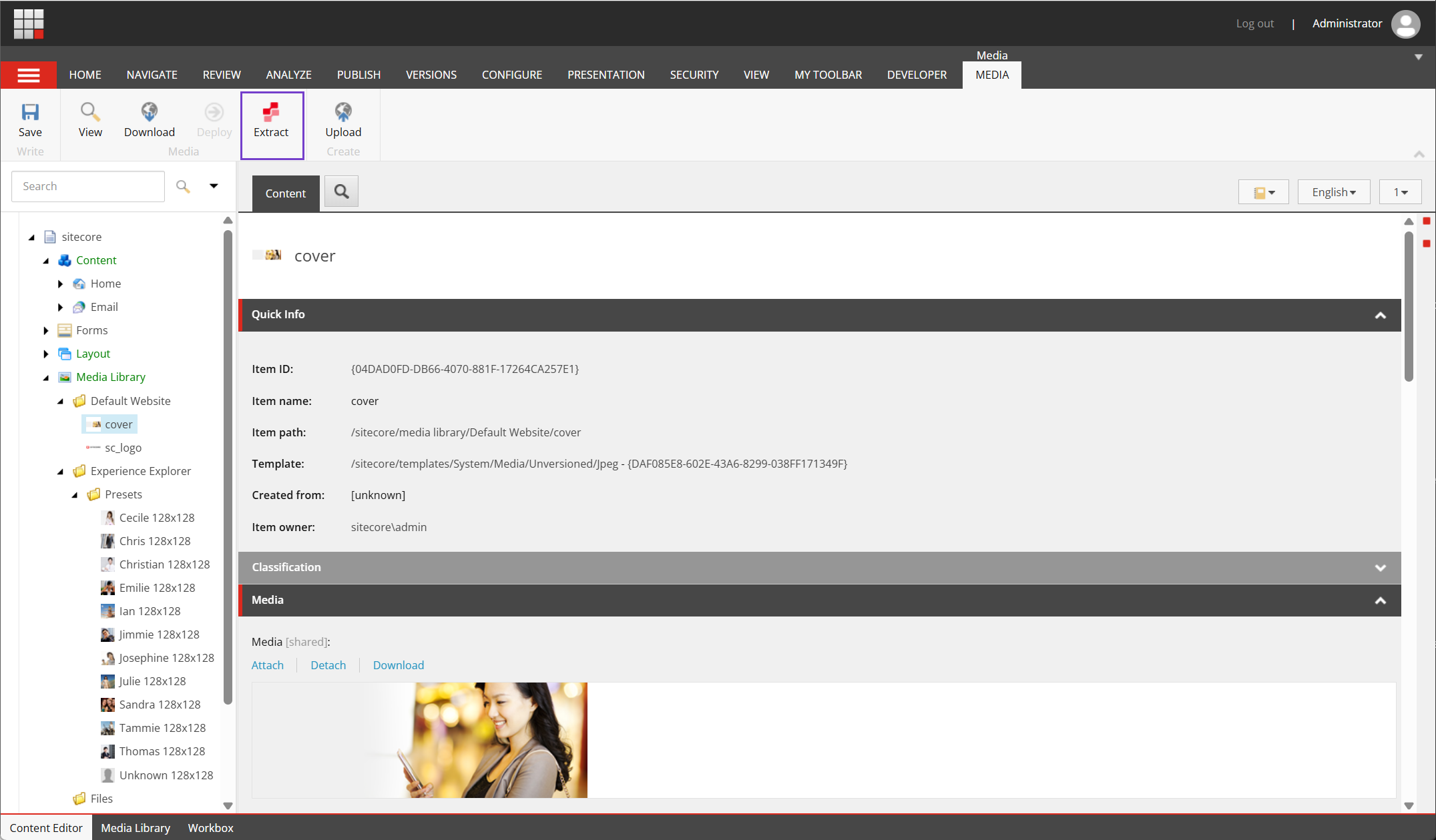 In Content Editor, click Extract on the Media tab to start metadata extraction. In Content Editor, click Extract on the Media tab to start metadata extraction.