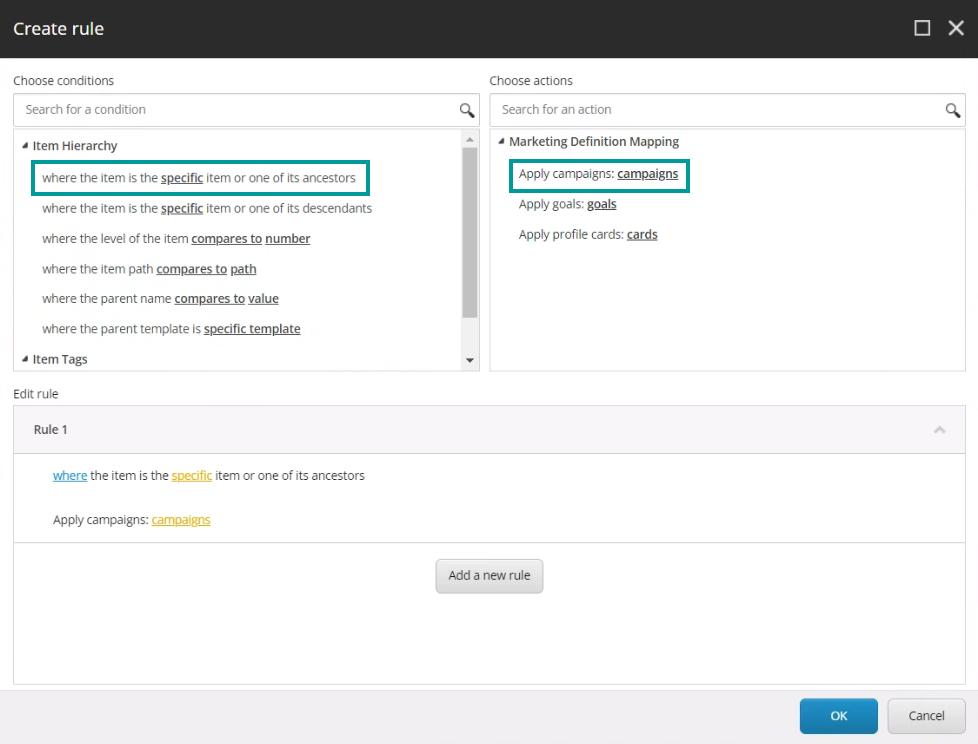 Defining a rule that associates an item with campaigns