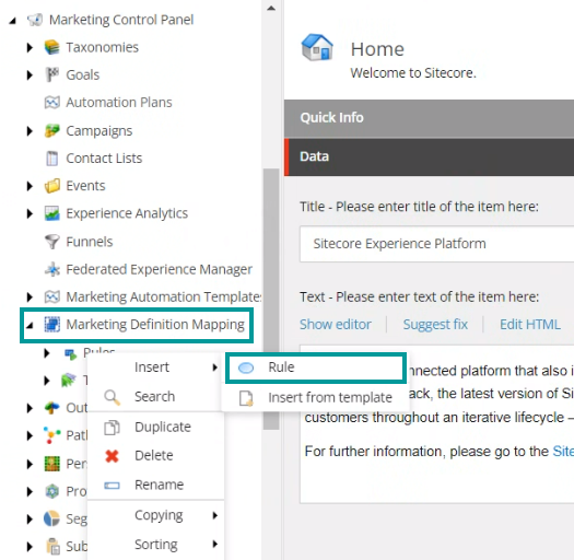 In the Content Editor, where to define marketing rules In the Content Editor, where to define marketing rules