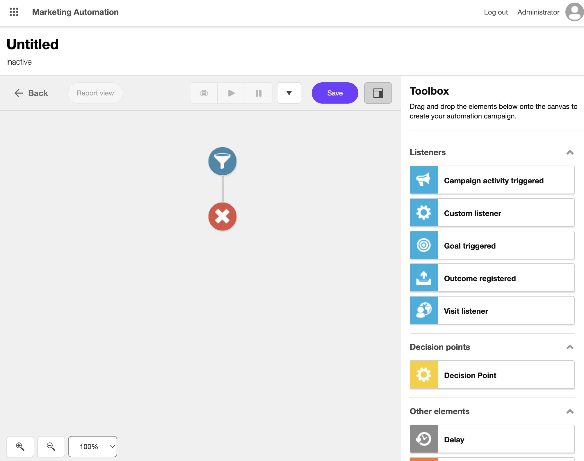 The marketing automation canvas with start and end elements