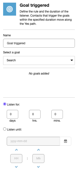 The Goal triggered listener details pane The Goal triggered listener details pane