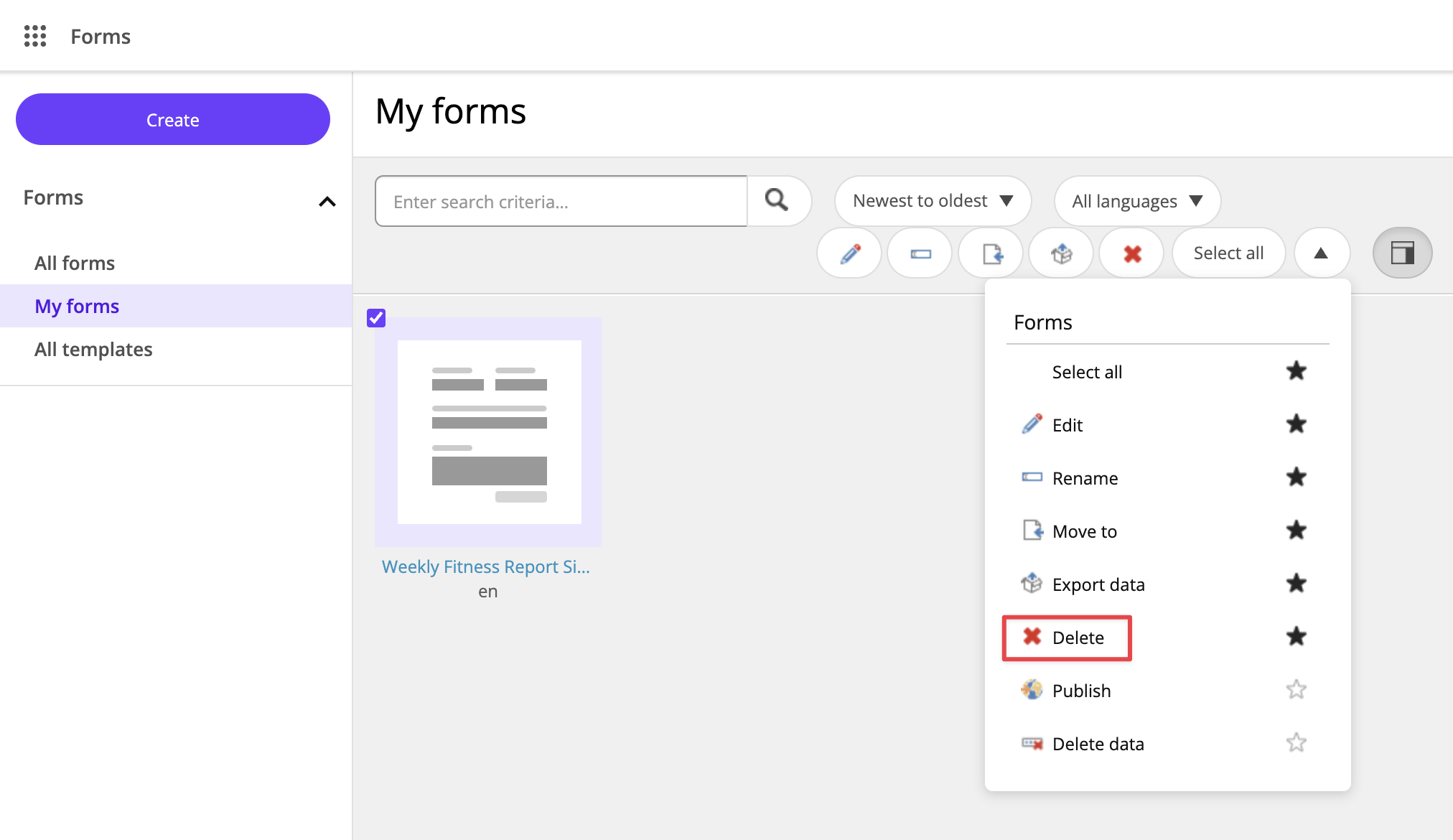 Click the drop-down arrow and click Delete.