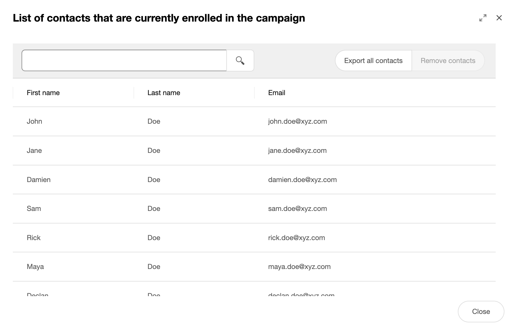 The list of contacts for the selected element The list of contacts for the selected element