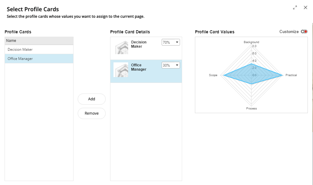 Select Profile Card dialog box with the Multiple with Percentages Authoring Selection setting. Select Profile Card dialog box with the Multiple with Percentages Authoring Selection setting.