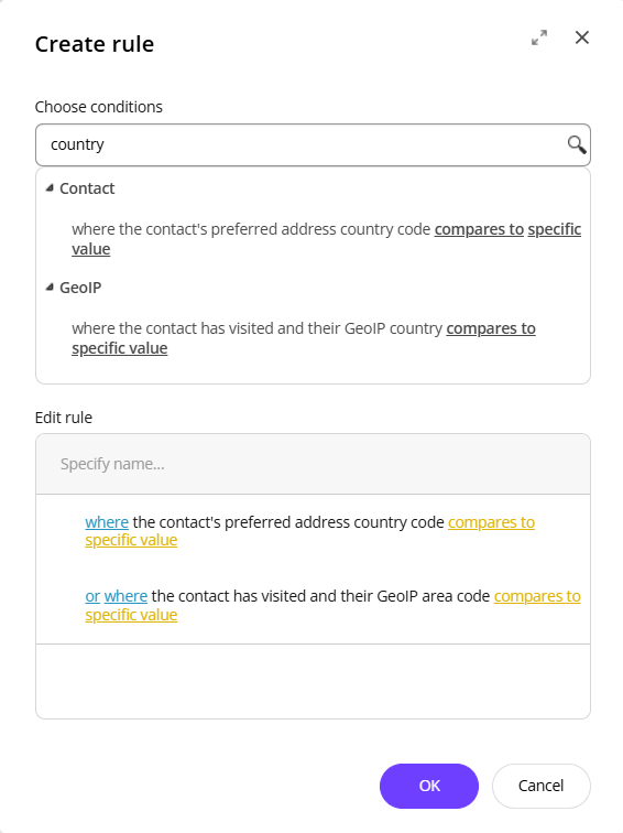 The Choose conditions field in the Create rule dialog, showing a search for "country".