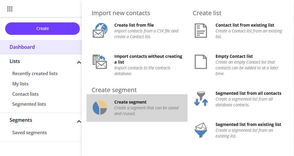 List Manager dialog, with the Create segment highlighted in red.
