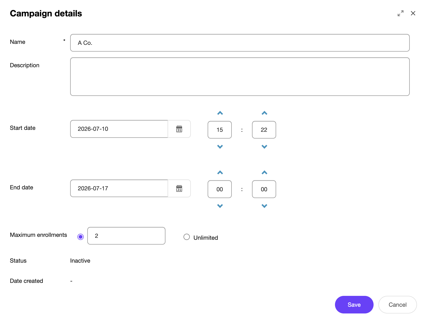 The Campaign details dialog box