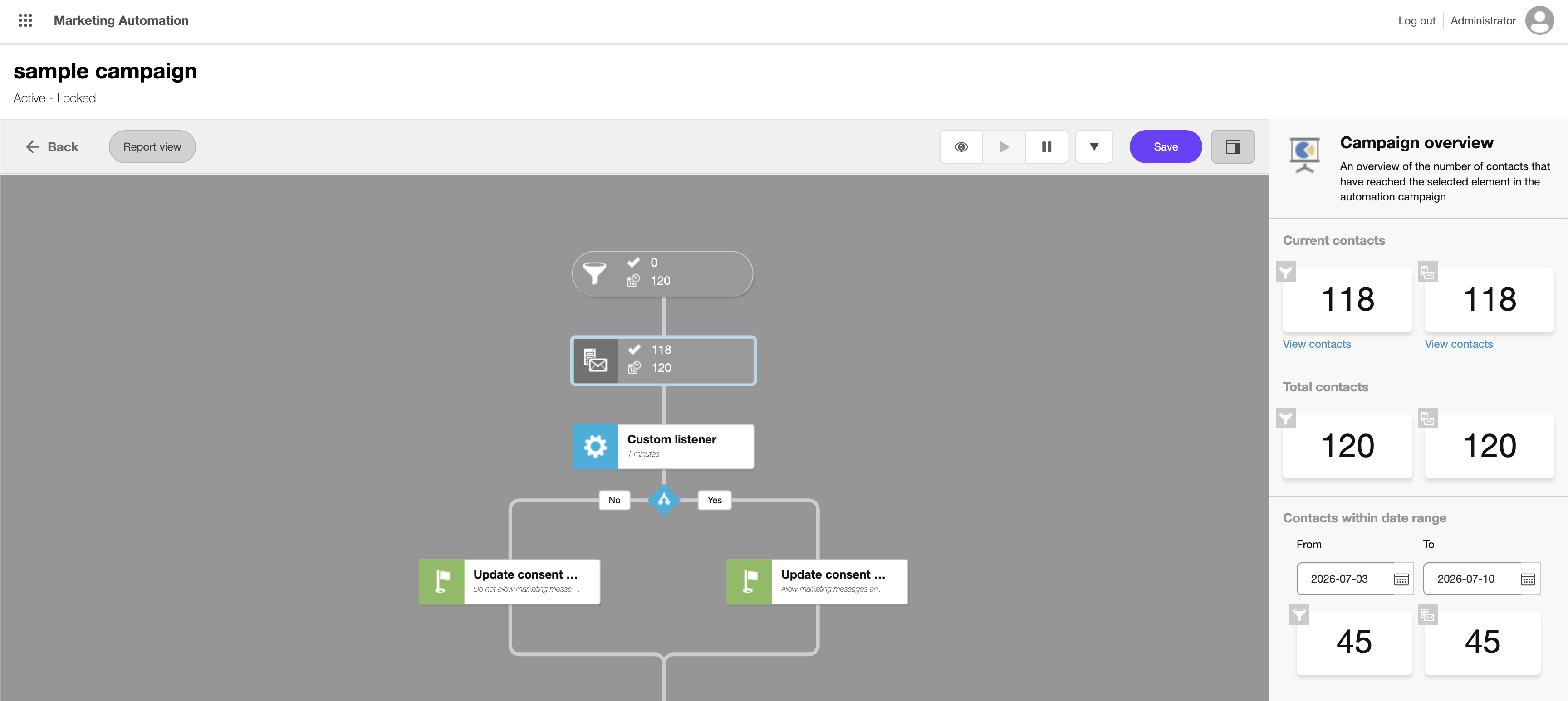 The Marketing automation canvas in Report view mode with an element selected The Marketing automation canvas in Report view mode with an element selected
