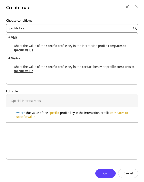 The Create rule dialog box with profile key conditions