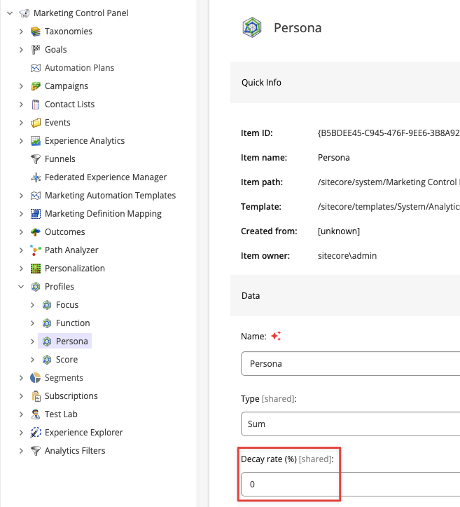 Marketing Control Panel with contact behavior profile example