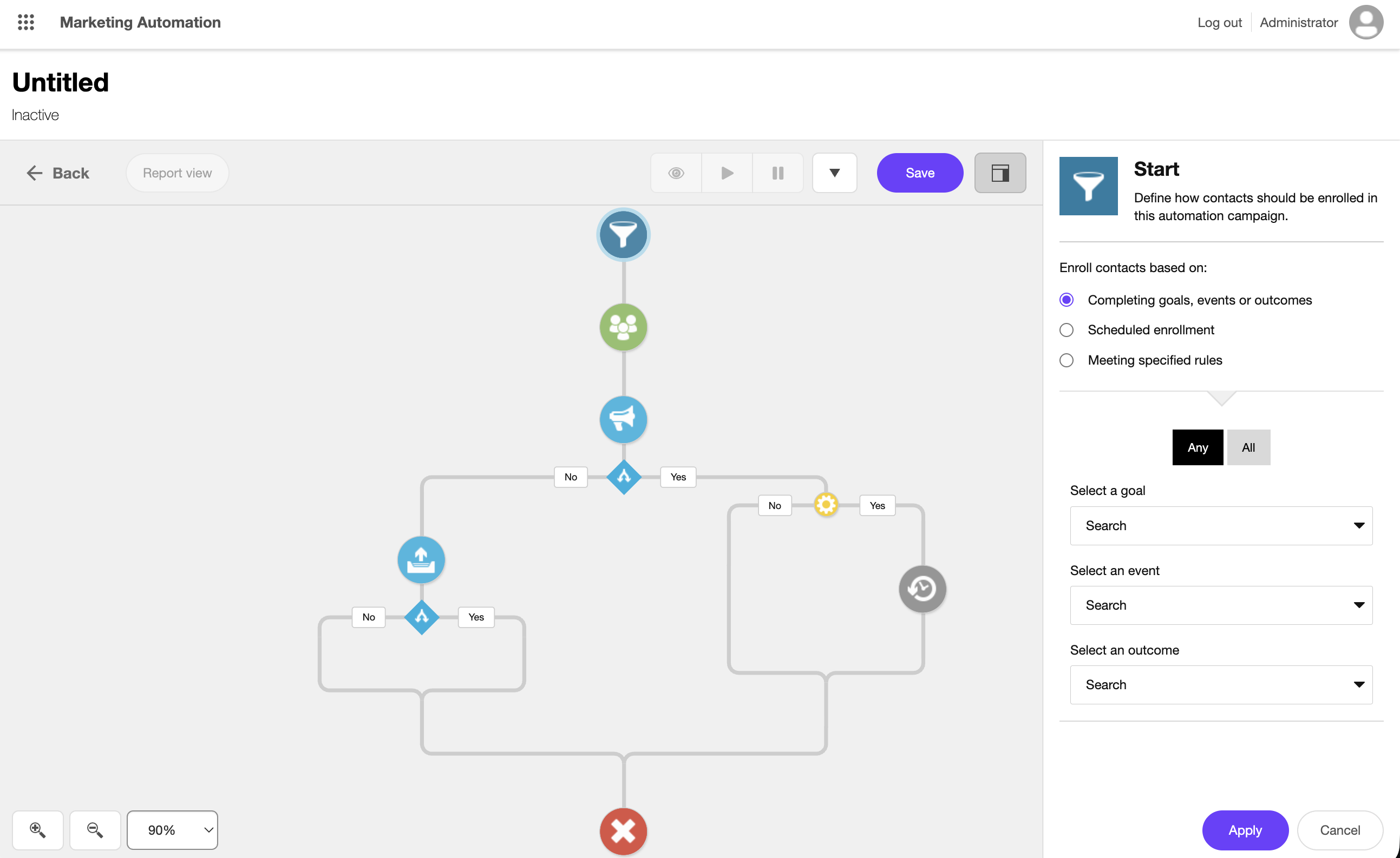 The canvas with the start element selected