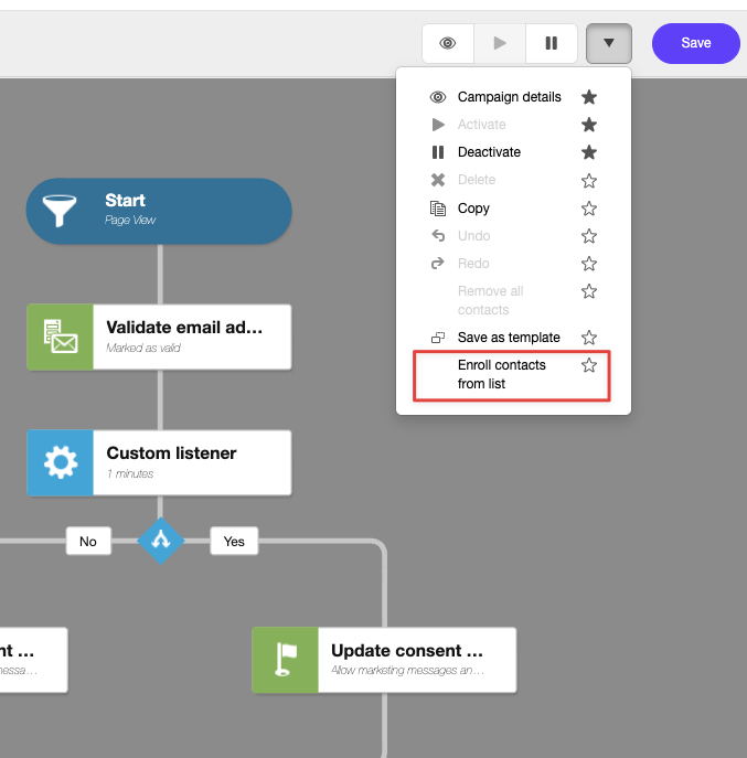 The Action menu in the marketing automation canvas The Action menu in the marketing automation canvas