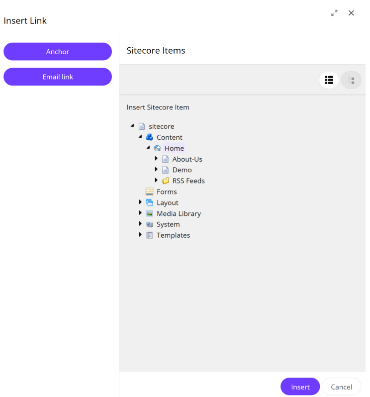 The Insert LInk dialog that opens from the page in Experience Editor