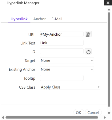 The URL field on the Hyperlink tab contains #My Anchor.