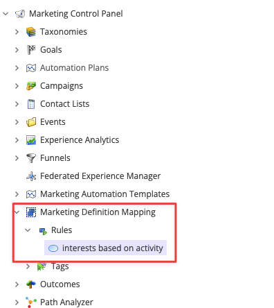 Marketing Control Panel showing Marketing Definition Mapping rules Marketing Control Panel showing Marketing Definition Mapping rules