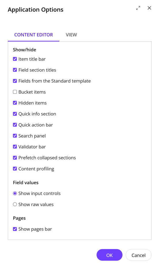 The Content Editor tab in the Application Options dialog The Content Editor tab in the Application Options dialog