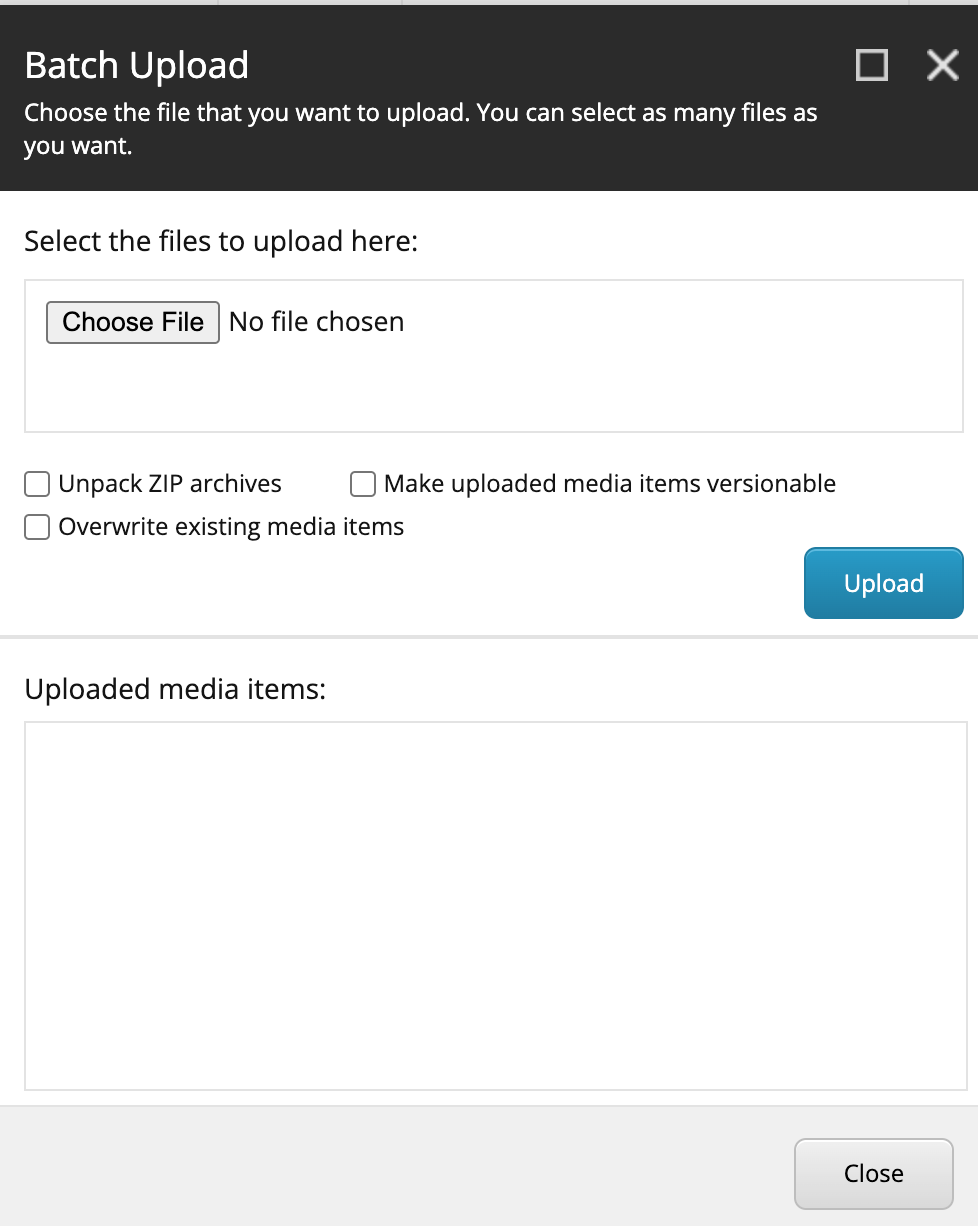 The Batch Upload dialog box with one browse button The Batch Upload dialog box with one browse button