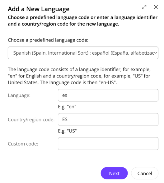 The Add a New Language dialog in Sitecore Content Editor.