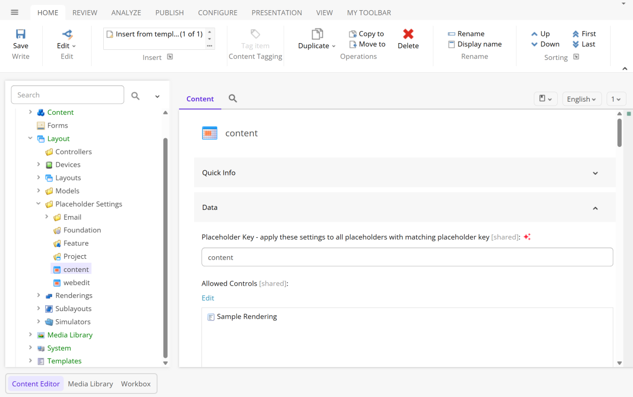 The Data section on an item in the Content Editor