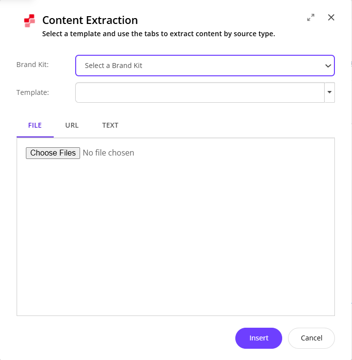 In the Content Extraction dialog, select a brand kit, template, and provide your source content.