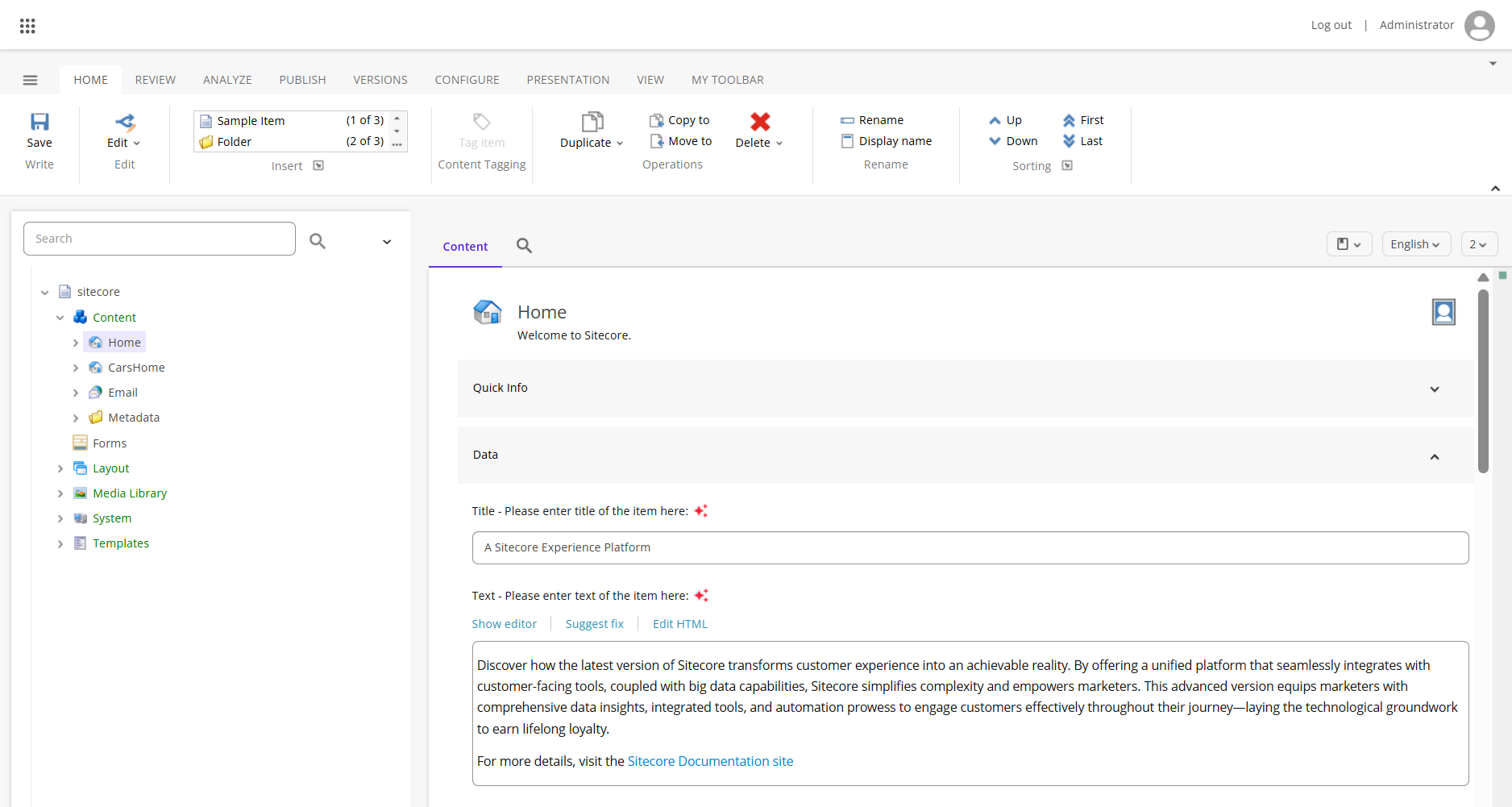 An example of a supported field in the Content Editor that displays the AI icon.